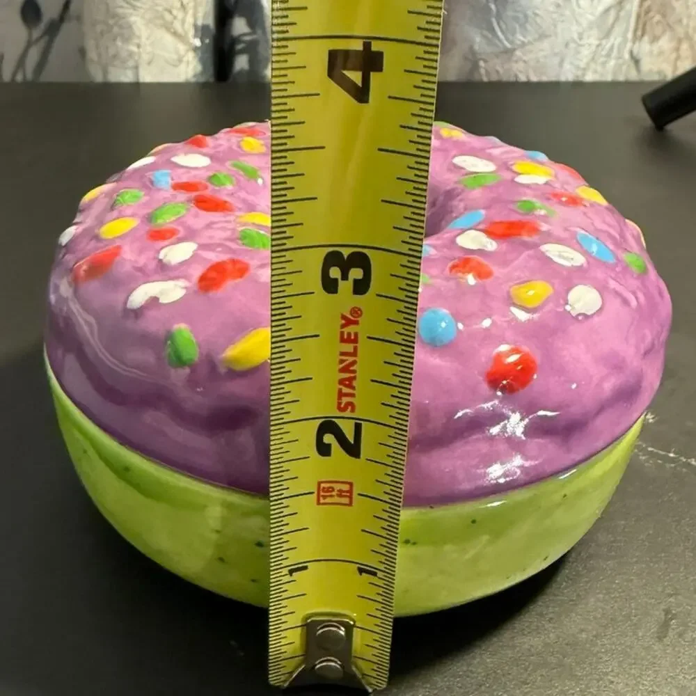 Hand Painted Ceramic Donut Trinket Box Purple Frosting Sprinkles Decor